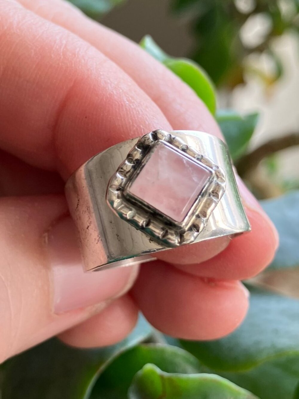 Carol Felley Sterling Silver Beaded Frame Rose Quartz Flat Sided Band Ring 925